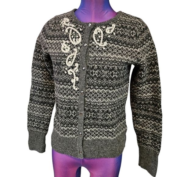 Eddie Bauer Fair Isle Wool Button Down Gray Cardigan‎ Sweater Small Women's - Picture 1 of 8